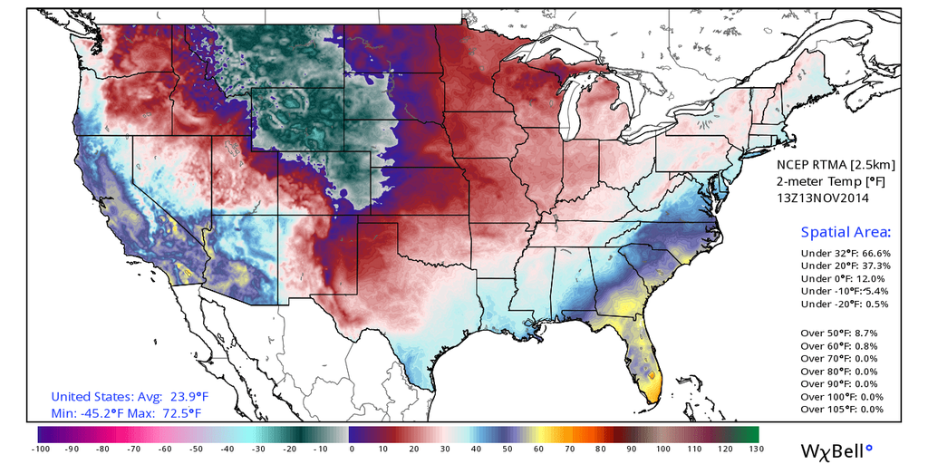U.S. temperatures on Nov. 13, 2014, showing the core of the cold air parked over the Northwest Rockies, but spilling east and west to cover most of the country.