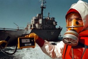 Greenpeace documenting Russian ship TNT27 dumping nuclear waste in the Sea of Japan.