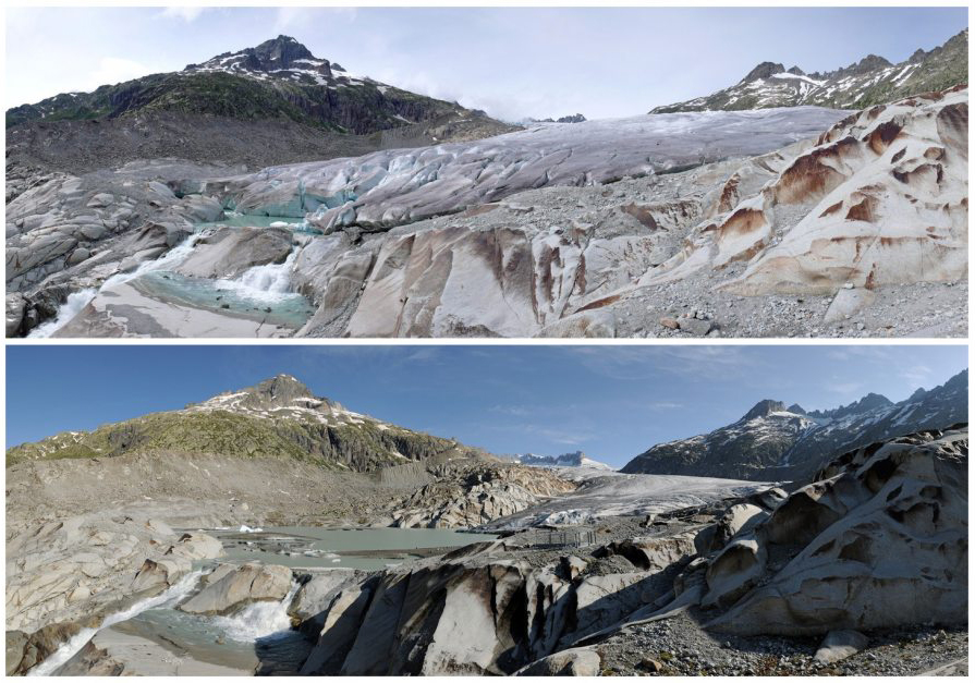 These photos of the Rhone Glacier, located in the Swiss Alps, were taken in 2007 (top) and 2014 (bottom) and offer an example of recent rapid glacial melt. Such melt is the subject of a new study, which evaluated decades of documentation to determine the rate of glacial melt for hundreds of glaciers. Simon Oberli